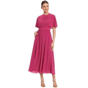 Maggy London Pink Midi Dress Size 6 Flutter Sleeve Pleated Waist Chiffon